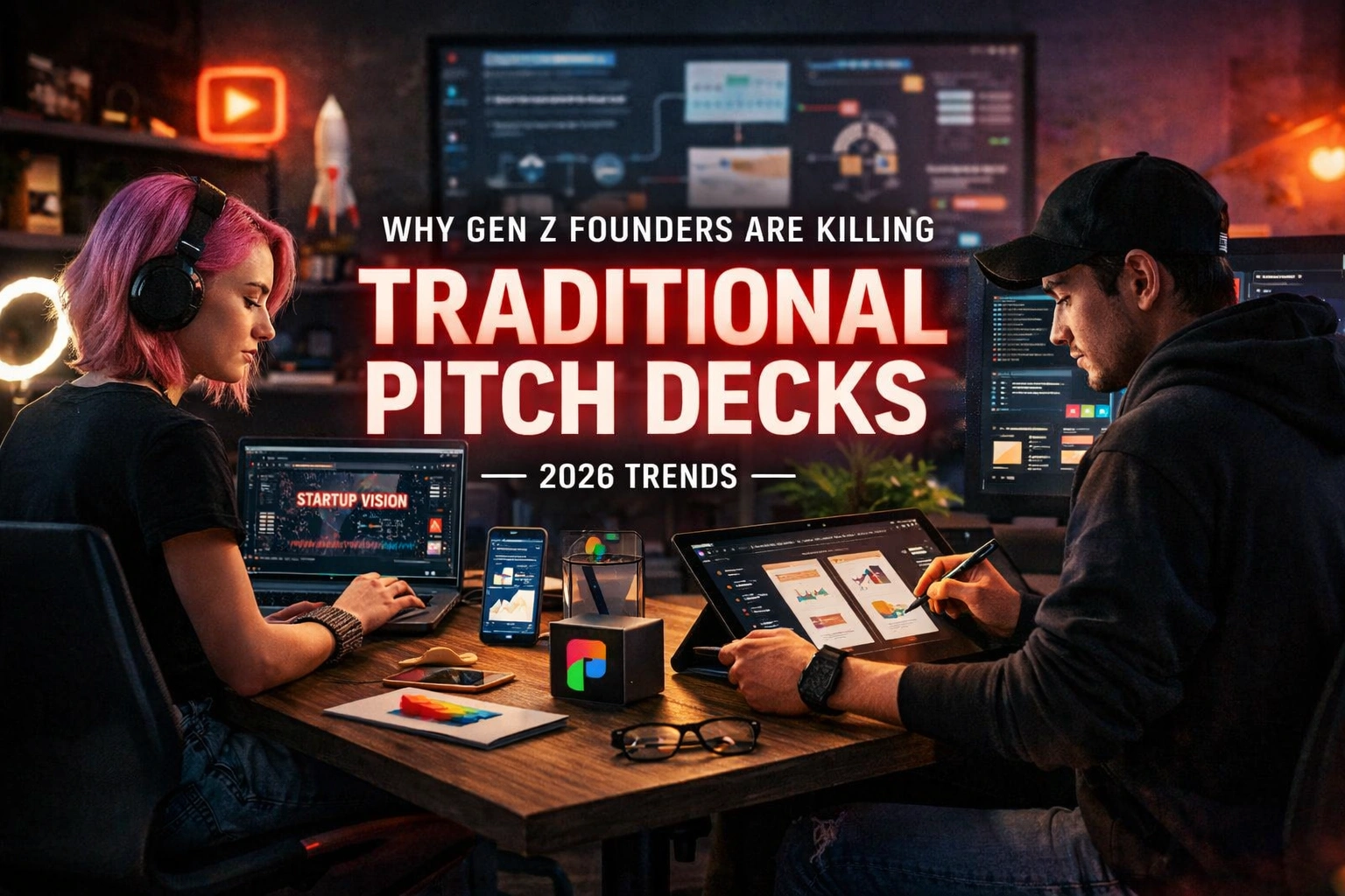 Startup founders creating interactive and video-based pitch decks using laptops and tablets in a modern workspace